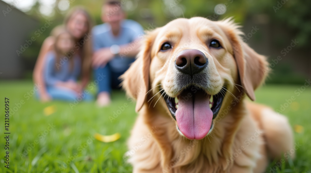 Cheerful Golden Retriever Dog with Family of Owners Enjoying Day at Green Lawn on Backyard Cheerful Golden Retriever Dog with Family of Owners Enjoying Day at Green Lawn on Backyard