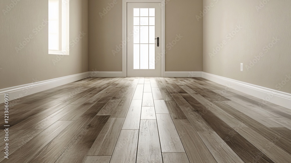 Fototapeta premium Empty Room with Wooden Floor Beige Walls and Door