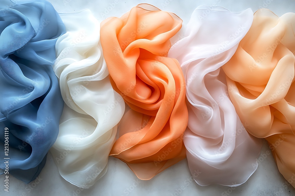 Soft pastel colored silk fabrics arranged in a row Soft pastel colored silk fabrics arranged in a row