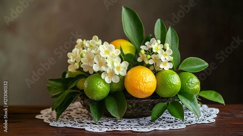 A decorative calamansi arrangement with fruits and blossoms, styled with lace doilies, isolated on a vintage wooden table photo