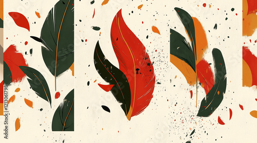 Abstract illustration featuring colorful red, green, and orange feather patterns with scattered dots and brush strokes on a light background, representing the lively energy of carnival. photo