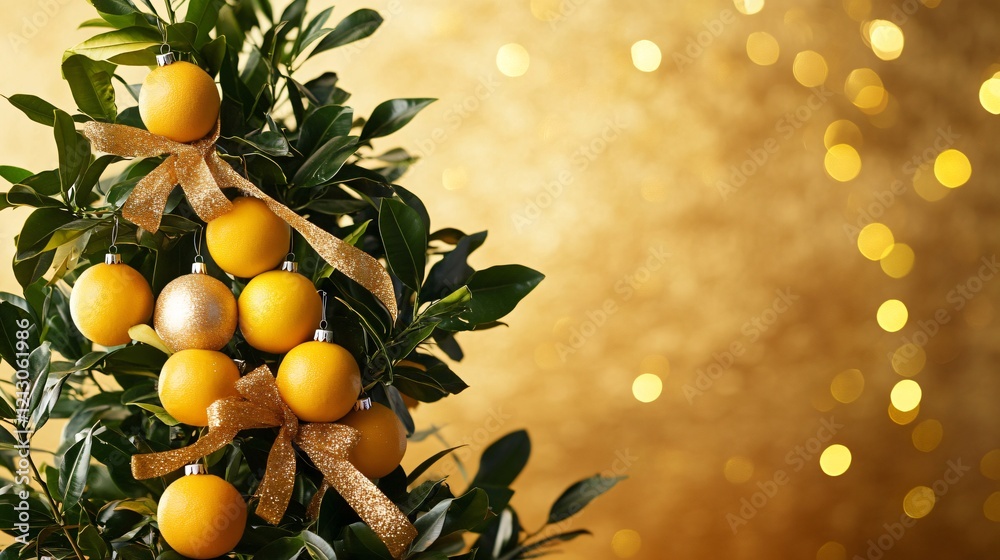 A decorative calamansi tree adorned with ribbons and handmade ornaments, isolated on a festive gold background A decorative calamansi tree adorned with ribbons and handmade ornaments, isolated on a festive gold background