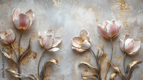 Elegant white tulips arranged artistically against a textured gold and cream background, perfect for spring decor