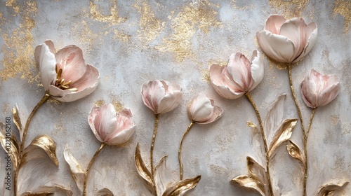 Elegant white tulips arranged artistically against a textured gold and cream background, perfect for spring decor