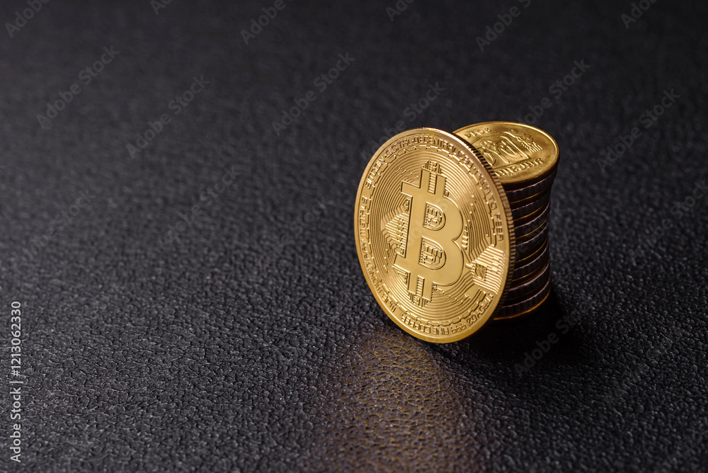 Bitcoin as a metal round coin on a dark background. Cryptocurrency Bitcoin as a metal round coin on a dark background. Cryptocurrency