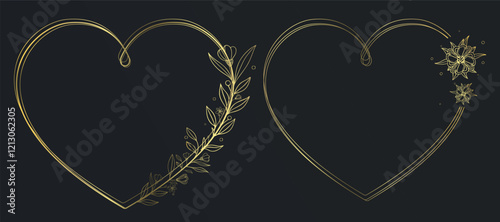 Golden Heart Frames Collection: Hand-Drawn Rustic Floral Wreaths and Realistic Metal Designs for Valentine’s Day, Wedding Invitations, Greeting Cards, and Holiday Postcards. Romantic Love