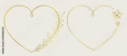 Golden Heart Frames Collection: Hand-Drawn Rustic Floral Wreaths and Realistic Metal Designs for Valentine’s Day, Wedding Invitations, Greeting Cards, and Holiday Postcards. Romantic Love