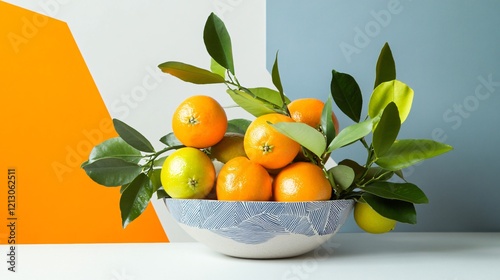 A modern calamansi arrangement with geometric patterns and bold colors, isolated on a bright white background photo