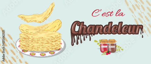 Crêpes - Illustrations around the feast of Candlemas - Crêpes and toppings.It's Candlemas! Banner - Illustrations and title around crepes in French."C'est Chandeleur