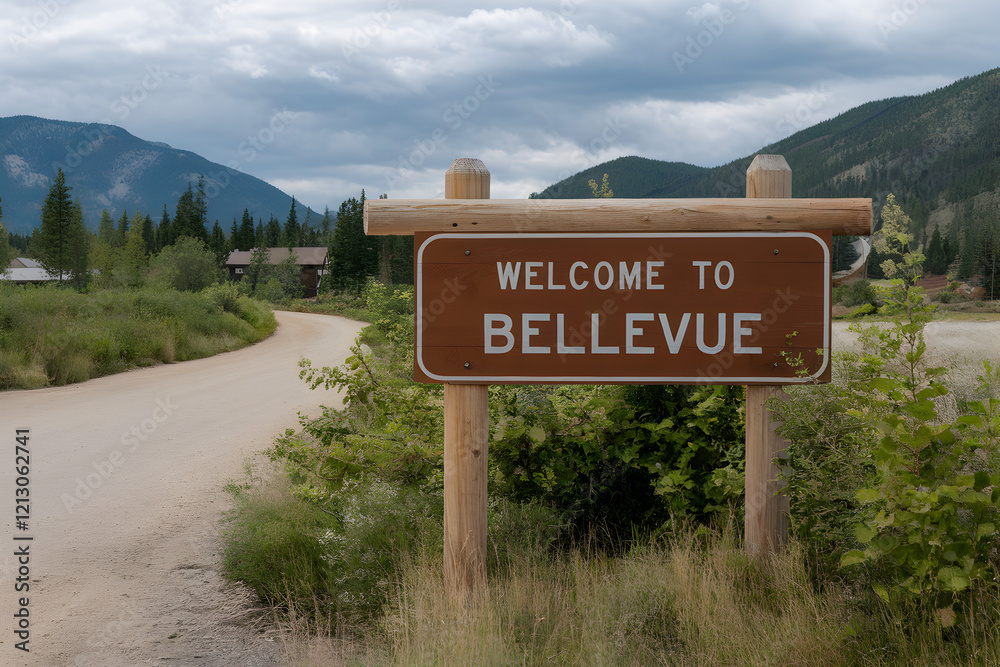 Welcome to Bellevue Washington Rustic Wooden Sign with Lush Greenery and Mountain Backdrop in Pacific Northwest United States Welcome to Bellevue Washington Rustic Wooden Sign with Lush Greenery and Mountain Backdrop in Pacific Northwest United States