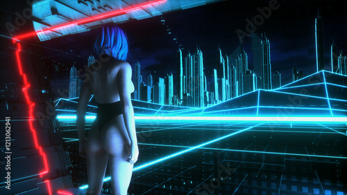 a futuristic woman in a virtual world (3d rendering)