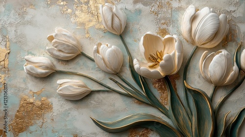 Elegant white tulips arranged artistically against a textured gold and cream background, perfect for spring decor