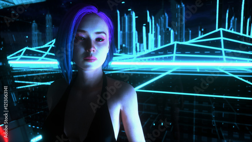 a futuristic woman in a virtual world (3d rendering)