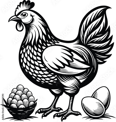 black and white farm chicken with eggs