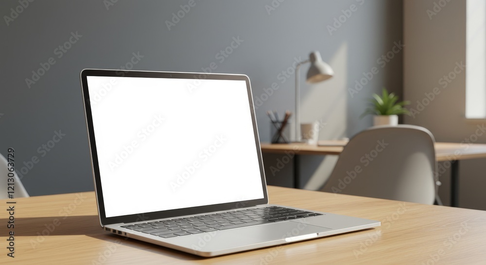Laptop with blank screen on wooden table in blur background Laptop with blank screen on wooden table in blur background
