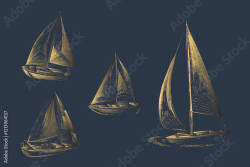Sailing boat silhouette set golden colour