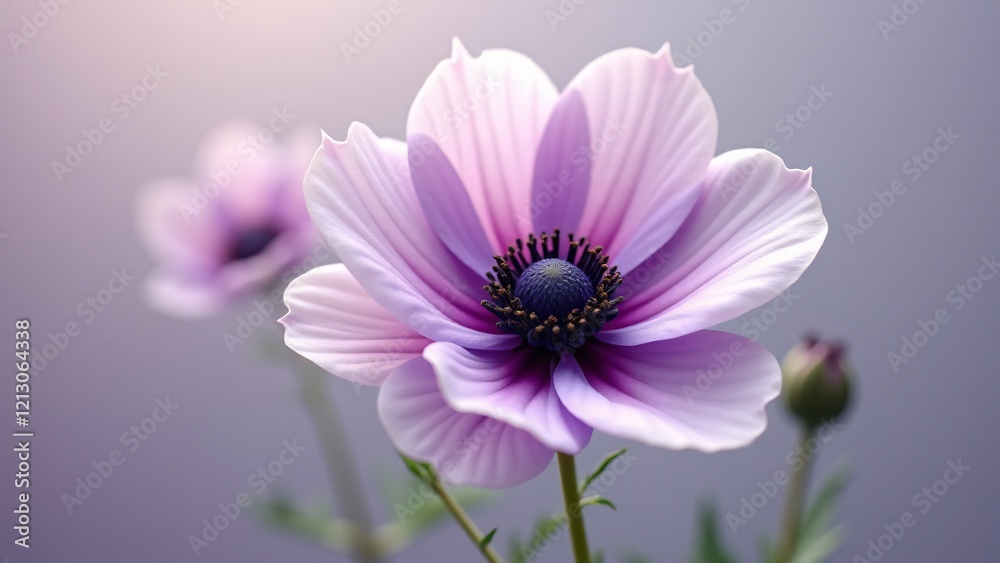 A beautiful anemone with silky purple and white petals, surrounding a dark center. Its graceful design and soft natural light create a serene and ethereal beauty, perfect for nature lovers. A beautiful anemone with silky purple and white petals, surrounding a dark center. Its graceful design and soft natural light create a serene and ethereal beauty, perfect for nature lovers.