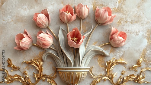 Elegant white tulips arranged artistically against a textured gold and cream background, perfect for spring decor