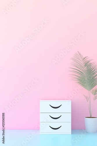 creative 3d cartoon render of filing cabinet with exaggerated drawers shaped like smiles placed on gradient floor