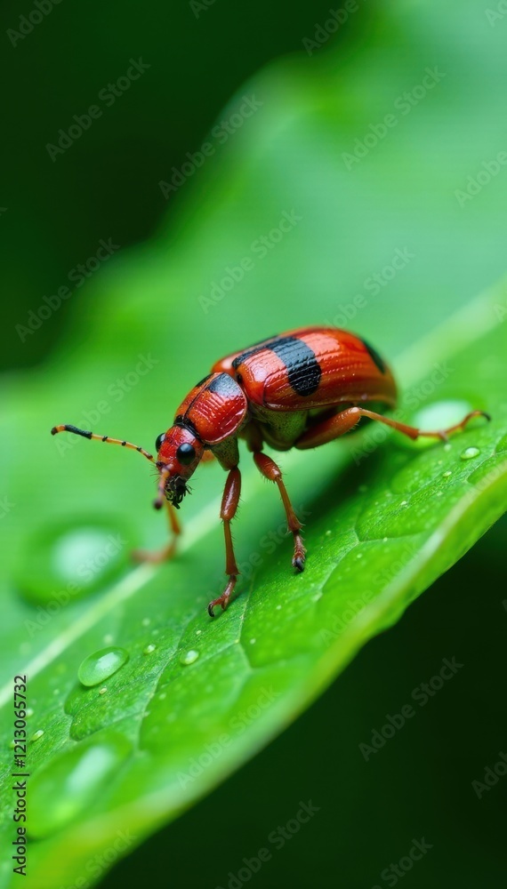 Small oriental beetle crawling on a wet green leaf, moisture, small creature, microscopic world Small oriental beetle crawling on a wet green leaf, moisture, small creature, microscopic world