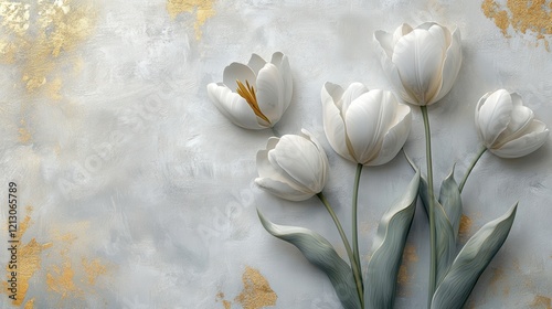 Elegant white tulips arranged artistically against a textured gold and cream background, perfect for spring decor