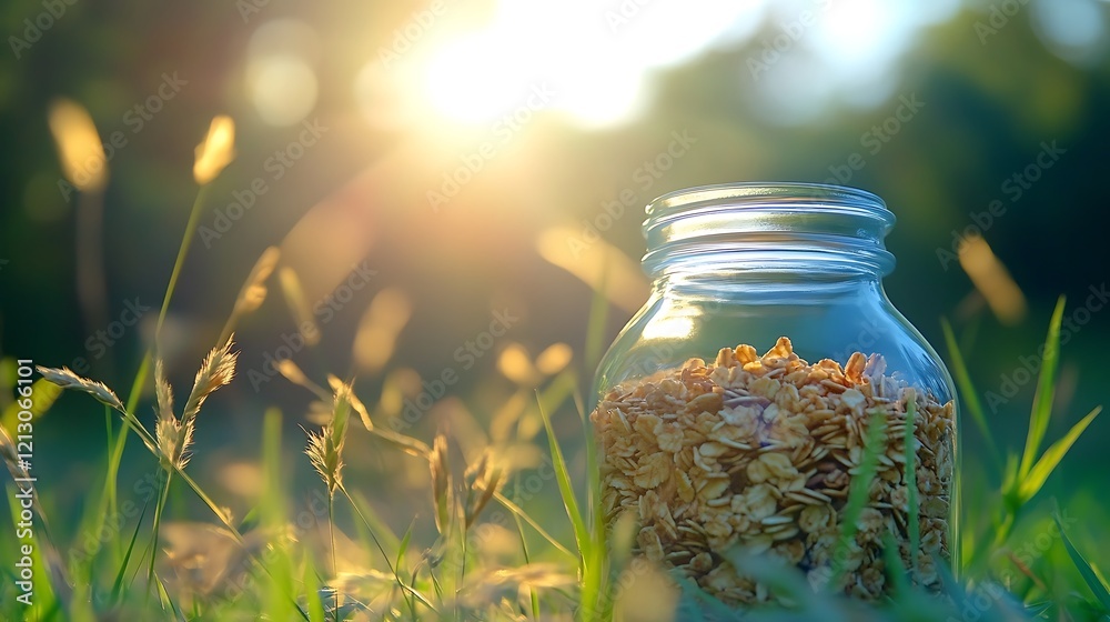 Glass Jar Of Oatmeal In Sunny Grassland Glass Jar Of Oatmeal In Sunny Grassland