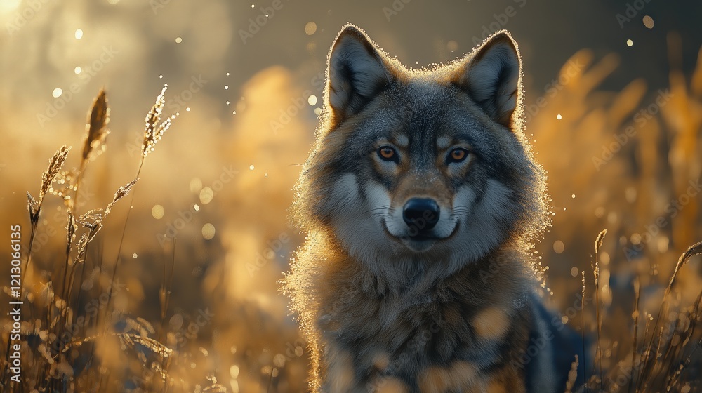 Fototapeta premium A dynamic wildlife photograph of a wolf , droplets of dew flying through the air, with focus on the wolf and blurred motion in the background, photorealistic.