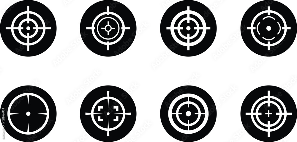 Target destination icon set in flat style. Vector for apps or web shooting sniper rifle target circle logo for a gun sight and a focus sign Crosshairs Bullseye isolated on transparent background