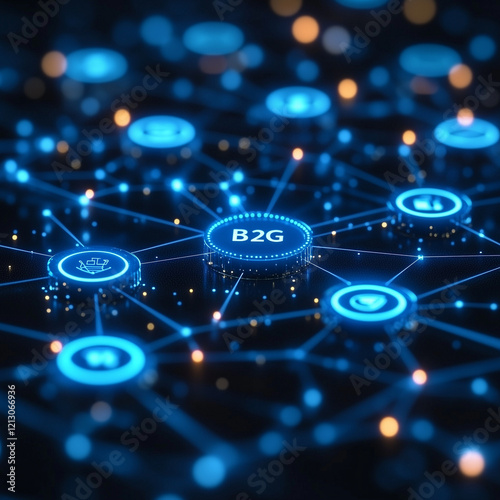 "B2G" in a minimalist style with blue government seals and digital network connections in the background. Bright lighting, contrast