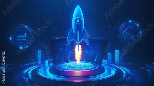 Innovative display of a rocket emerging from a glowing laptop symbolizing tech ideas