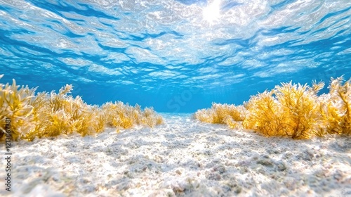 Underwater ocean floor, sunlit shallows, tranquil sea, yellow algae, white sand, marine life, travel brochure photo