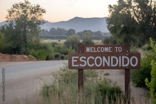 Welcome to Escondido California Rustic Wooden Sign with Scenic Landscape and Blue Sky Background
