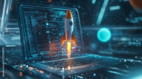 Conceptual rocket emerging from a laptop screen in a display of tech evolution