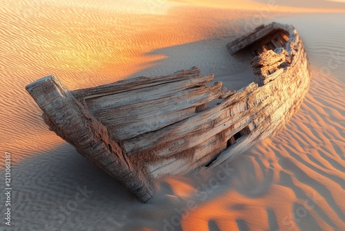 Ancient weathered wooden boat wreck rests in desert sand, bathed in warm sunset light. photo