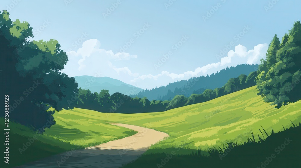 Obraz premium Serene Countryside Winding Road Through Lush Green Hills