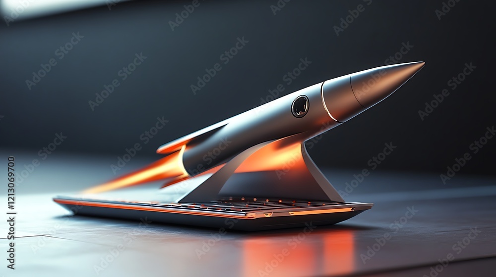 Futuristic laptop design launching a rocket as a symbol of creativity Futuristic laptop design launching a rocket as a symbol of creativity