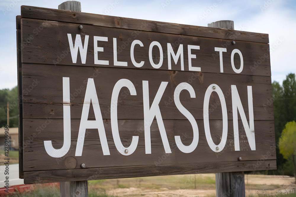 Obraz premium Rustic Wooden Sign Welcoming Visitors to Jackson Wyoming with Scenic Mountain Backdrop and Warm Hospitality