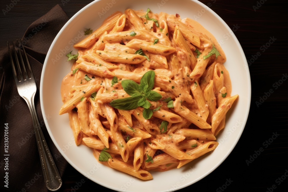 Appetising Penne Alla Vodka Course. Classic Italian Heavy Main Dish with Spicy Vodka Tomato Cream Sauce. Top View of Epicure Recipe in Plate Appetising Penne Alla Vodka Course. Classic Italian Heavy Main Dish with Spicy Vodka Tomato Cream Sauce. Top View of Epicure Recipe in Plate