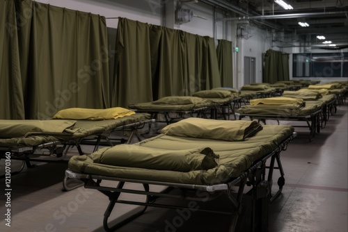 At the Army Camp. Folding Cots Set Up in Stadium's Underground Parking Converted to Bunkers