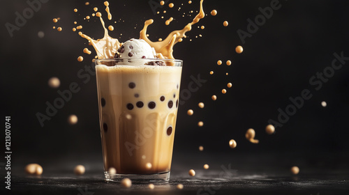 An orange drink with splash of water. Drink, balls, blurred, background splashes, drops, dark. Dark background with splash of light and a sprinkling of drops. A blurred background drink. Lifestyle. photo