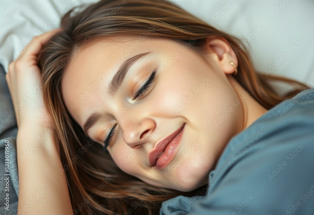 A sleeping female person with a gentle smile and closed eyes A sleeping female person with a gentle smile and closed eyes