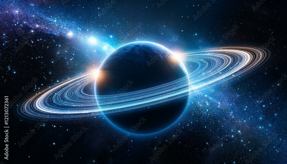 Obraz premium 깊은 우주 속에서 빛나는 고리 형태의 행성, 행성 주위에 떠다니는 작은 별들이 강조된 장면