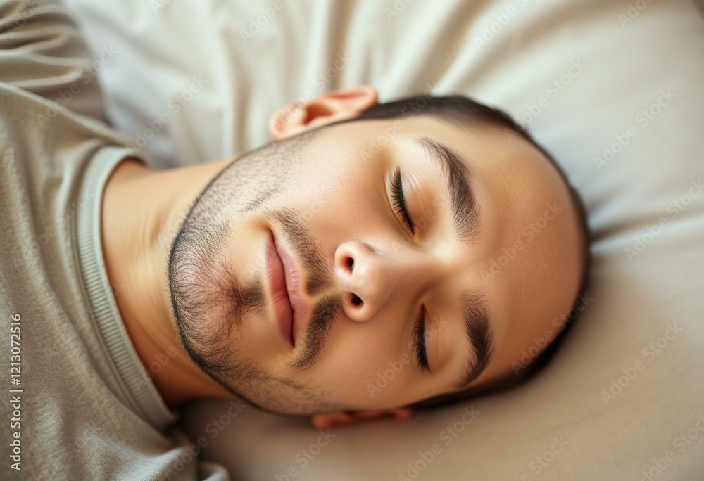 Sleeping male person on a neutral-colored bed Sleeping male person on a neutral-colored bed
