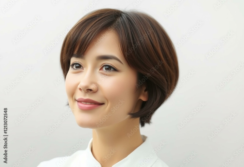 Portrait of a woman with short hair and a subtle smile Portrait of a woman with short hair and a subtle smile