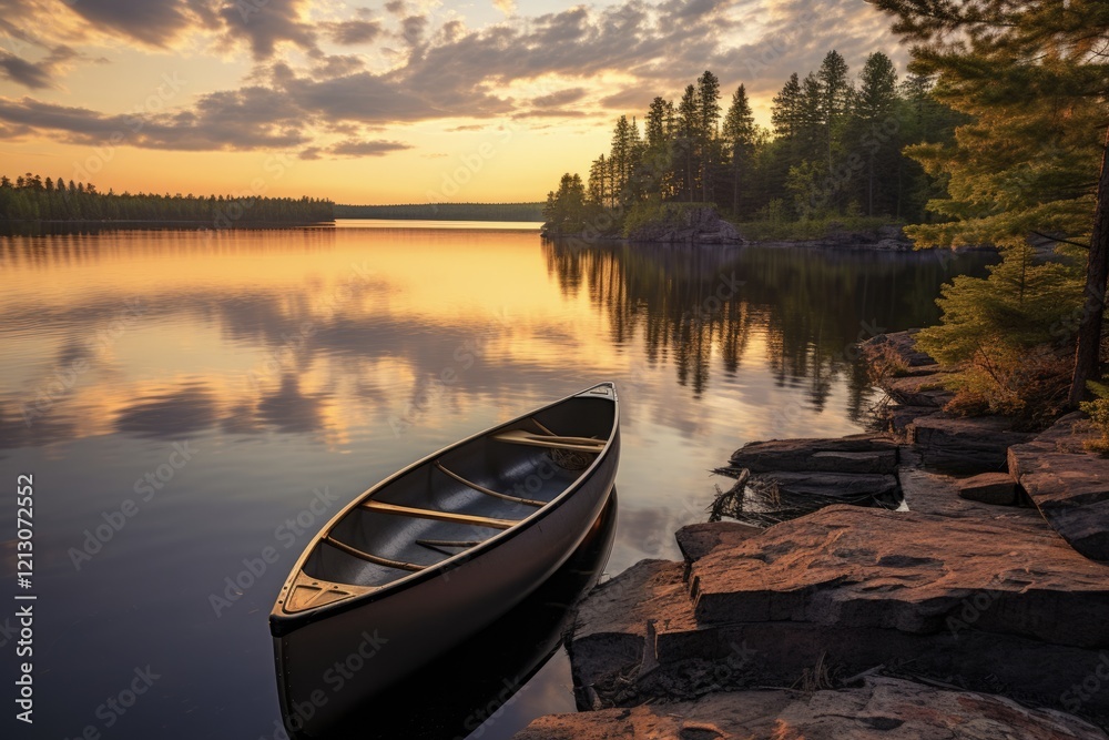 Fototapeta premium Tranquil Sunrise on Northern Minnesota Shoreline: Solo Canoeing in Boundary Waters at Dusk - AR 3:2