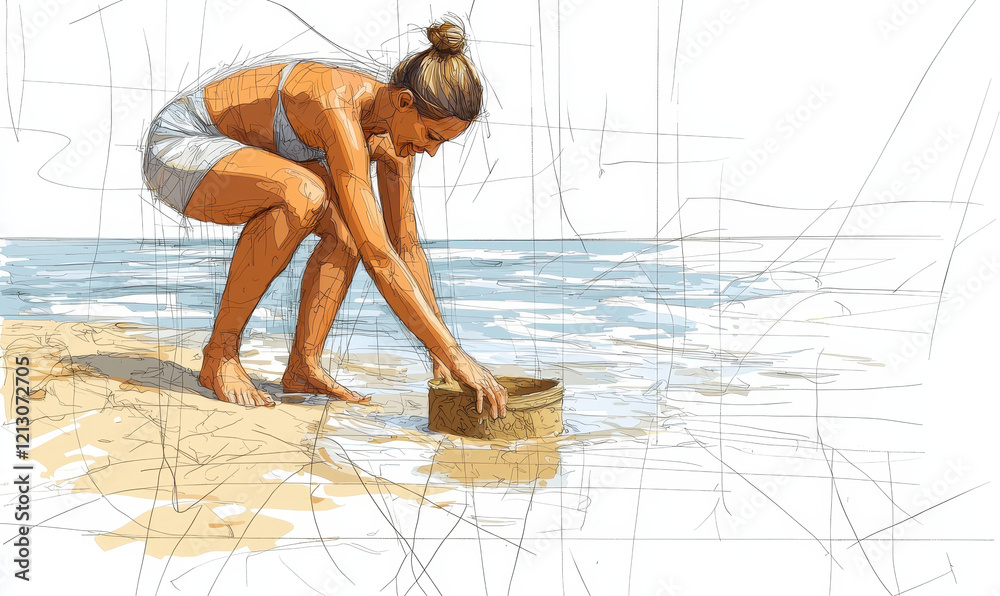 Obraz premium Illustration of a Woman Enjoying a Relaxing Day at the Beach Building Sandcastle by the Ocean Under a Clear Blue Sky