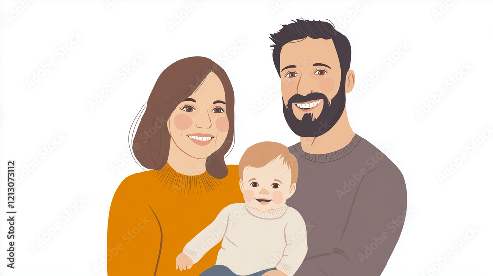Illustration, ,flat design, only a happy caucasian american family with father mother and child, isolated on white. Togetherness theme. Family close together, love between partners and child. Illustration, ,flat design, only a happy caucasian american family with father mother and child, isolated on white. Togetherness theme. Family close together, love between partners and child.