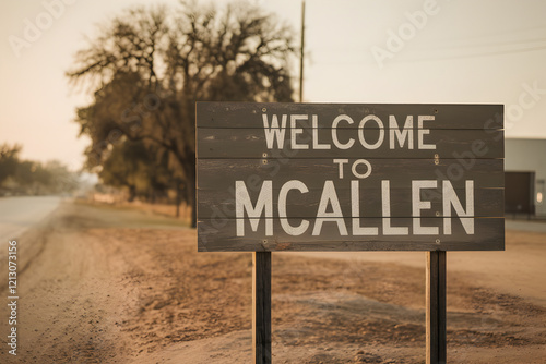 Welcome to McAllen Texas Rustic Wooden Sign with Southwestern Charm and Desert Landscape Background