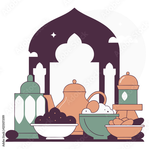 Iftar Feast: Delicious Ramadan Treats Under Islamic Arch joy Eid food moon star love dates sheer    