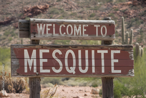 Welcome to Mesquite Texas Wooden Sign with Desert Landscape and Blue Sky, Mesquite Nevada Entry Marker with Cactus and Mountains, United States Travel Destination